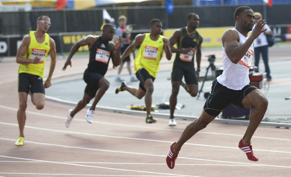 KJEMPETID: Tyson Gay leverte historiens tredje raskeste 200 meter under et friidrettstevne i New York. FOTO: Scanpix/AFP PHOTO/DON EMMERT