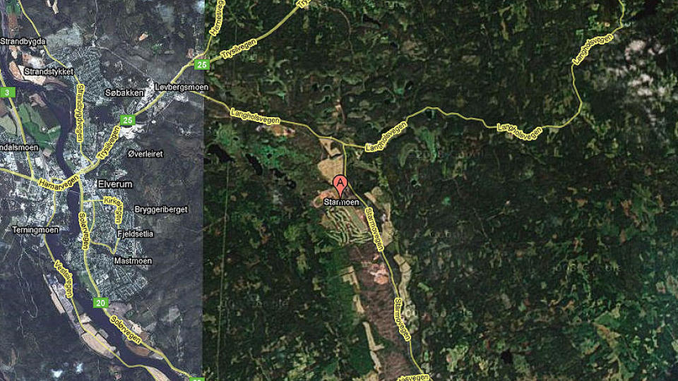 KOLLIDERTE I LUFTA: To seilfly kolliderte over lufta ved Elverum. Ulykken skjedde over Starmoen. 28 fly var i lufta p� ulykkestidspunktet. Kart: GOOGLE