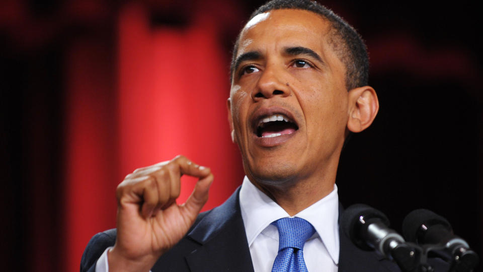 TALTE I EN TIME: Barack Obama talte i over en time til 3000 inviterte gjester p� Kairo-universitetet i Egypt. Foto: AFP PHOTO/MANDEL NGAN/SCANPIX