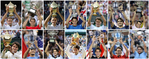 TALLET ER 14: Snart seks �r etter at han seiret i Wimbledon for f�rste gang, sikret Roger Federer seg i ettermiddag sin 14. Grand Slam-tittel i tennis. Foto: SCANPIX/AFP PHOTO