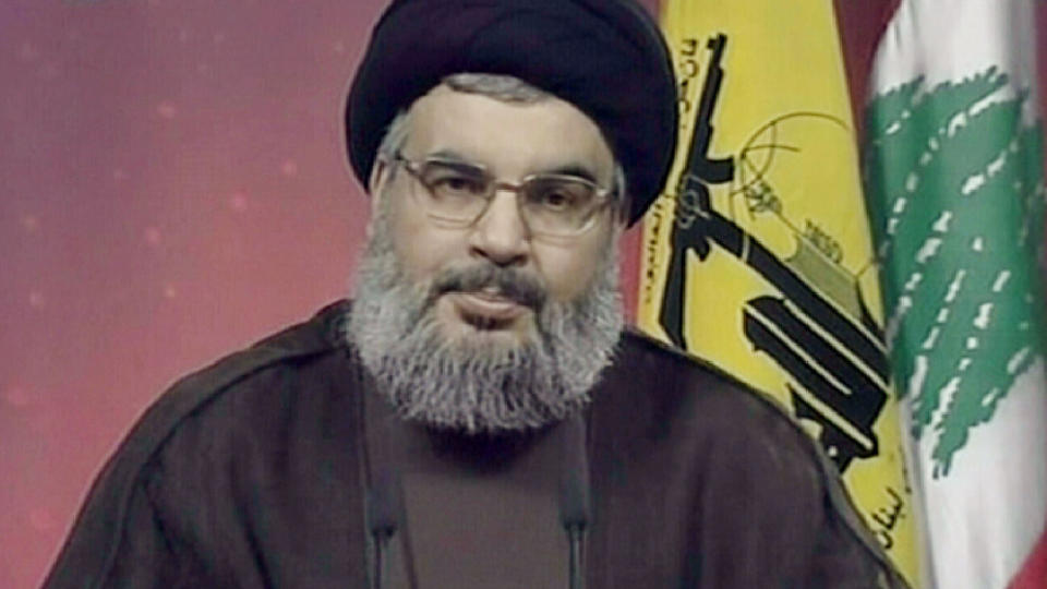  ERKJENNER NEDERLAGET:  Hizbollah-leder Sayyed Hassan Nasrallah fra kveldens opptreden p� tv-kanalen OTV, der han gratulerte den vestligorienterte valgalliansen med valgseieren i Libanon. Foto: AFP/SCANPIX.