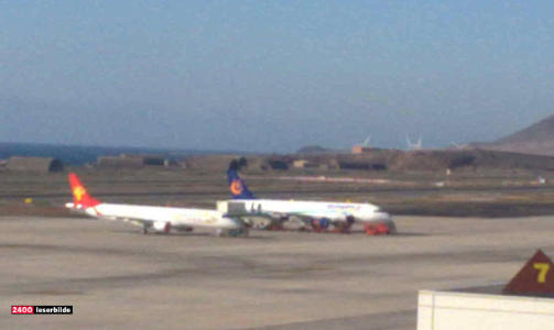 N�DLANDET: En splitter ny Airbus A320 m�tt n�dlande p� Gando flyplass utenfor Las Palmas i dag morges. Leserfoto: Heidi Rendalen