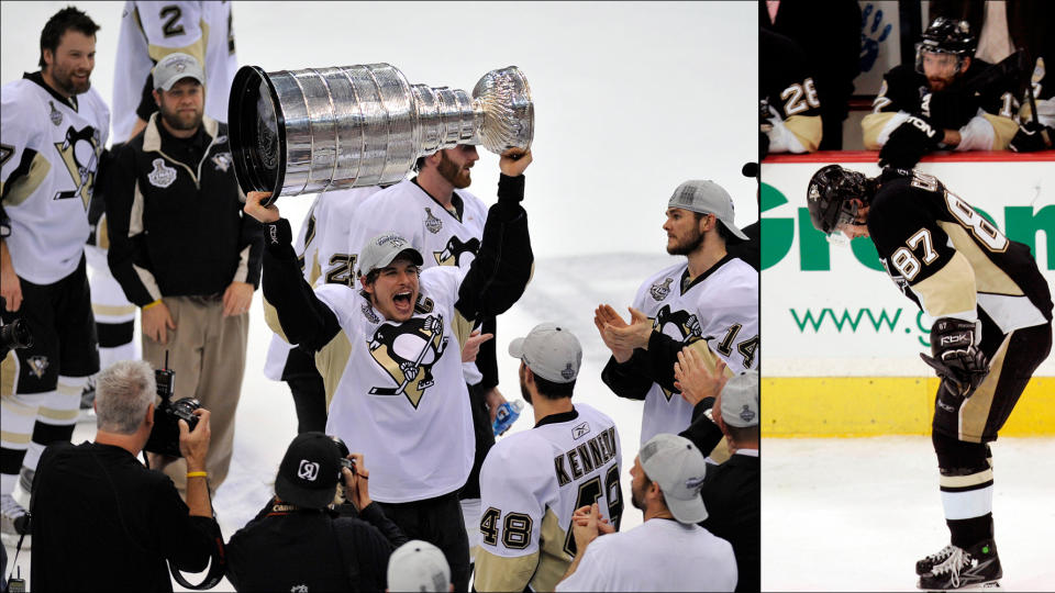 REVANSJEN: Etter � ha tapt fjor�rets finaleserie for Detroit Red Wings, sverget Penguins-kaptein Sidney Crosby p� at han aldri ville v�re med p� et bilde som til h�yre. Den unge kanadieren holdt iallfall ord da muligheten for revansje mot Red Wings b�d seg i �r og kunne l�fte Lord Stanleys pokal som den yngste kapteinen i NHLs historie.Foto: SCANPIX