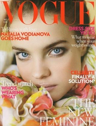 - HAR OFTE BARE ANSIKTET P� FORSIDEN: Shulman skriver at det hender hun bare bruker ansikter p� forsiden, for at ikke leserne skal f�le seg ukomfortable. Her er den russiske supermodellen Natalia Vodianova p� forsiden av Vogues mai-utgave. Faksimile: Vogue