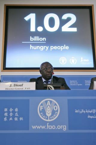 SKREMMENDE TALL: Generalsekret�r i FAO, Jacques Diouf erkl�rer at det i l�pet av �ret vil finnes over en milliard sultrammede i verden. Foto: AP Photo/Gregorio Borgia/Scanpix