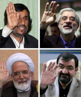 DRAMA: Valget, som sto mellom fra venstre Mahmoud Ahmadinejad, Mir Hossein Mousavi, Mehdi Karroubi og Mohsen Rezai. Foto: AFP PHOTO/DSK/Scanpix