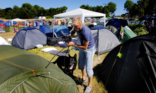 AKTIV P� CAMPEN: Hundef�rer Vidar Arnesen og Gordon patruljerer campen iherdig. Foto: LARS EIVIND BONES