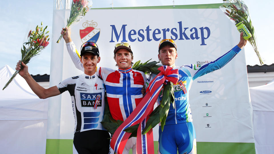 KNUST AV EDVALD: Verken toer Kurt Asle Arvesen (t.v.) eller treer Frederik Wilmann (t.h.) hadde noe � stille opp med mot tempofantomet Edvald Boasson Hagen under NM i temporitt.Foto: Erling H�geland/Dagbladet
