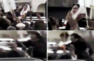 SKAL ETTERFORSKES AV FN: Benazir Bhutto vinker til tilhengerne sine (oppe t.v. og t.h.), da en mann med en maskingev�rlignende gjenstand (nede t.v.) fyrer av flere skudd (nede t.h.). Foto: AFP PHOTO/HO/DAWN NEWS/Scanpix