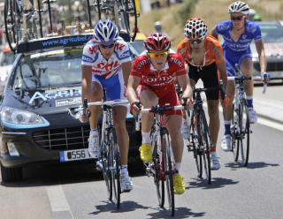LANG DAG I BRUDD: Nederlenderen Koen de Kort, franske Samuel Dumoulin, spanjolen Ruben Perez Moreno og franske Maxime Bouet gikk fra feltet tidlig p� dagens etappe, og hadde p� det meste 13 minutters ledelse p� hovedfeltet. Foto: Bas Czerwinski, AP/Scanpix