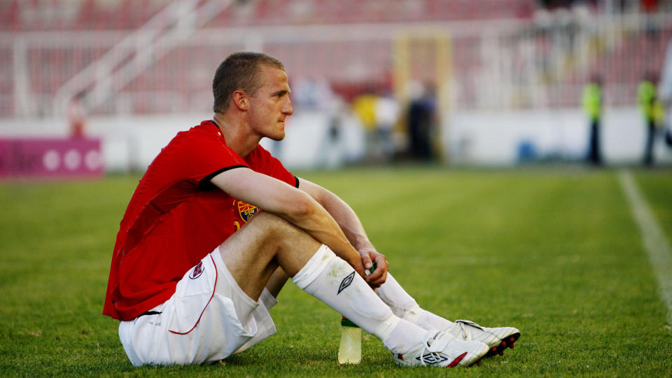VURDERES AV WENGER: Brede Hangeland, her med en tilbyttet makedonsk landslagsdrakt, er i kikkerten til Arsenal-sjef Arsene Wenger. Foto: Erlend Aas / SCANPIX .