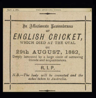 STARTET DET HELE: Denne �d�dsannonsen� sto p� trykk i The Sporting Times i 1882, og erkl�rte engelsk cricket d�d og kremert etter tapet mot kolonien Australia. Men engelskmennene satte sin �re i � reise til Australia for � vinne tilbake �asken�.Foto: WIKIMEDIA COMMONS
