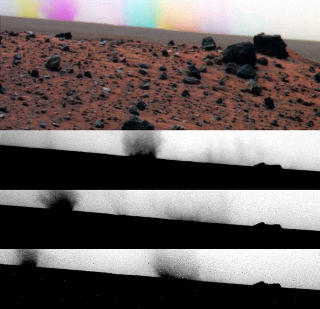 EKSPONERINGENE: Tre eksponeringer av den noe kjedelige r�dbrune overflaten ble helt tilfeldig ett overraskende fargerikt bilde. Foto: NASA/JPL-Caltech/Cornell University/Texas A