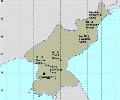 FANGELEIRE: Dette kartet fra Global Security.org viser noen av de st�rste konsentrasjonsleirene i Nord-Korea. Grafikk: GlobalSecurity.org