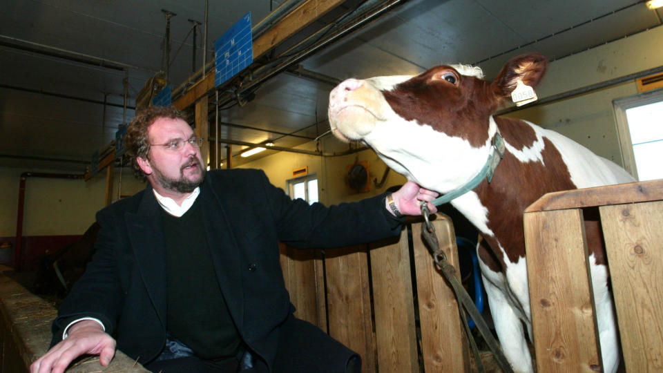 VARMER HJERTET: Men ubrukelig i praksis, tror r�dbloggen om Venstre p� Stortinget. Her er partileder Lars Sponheim p� tur i fj�set med kua Nana. Foto: Bj�rn Sigurds�n / SCANPIX