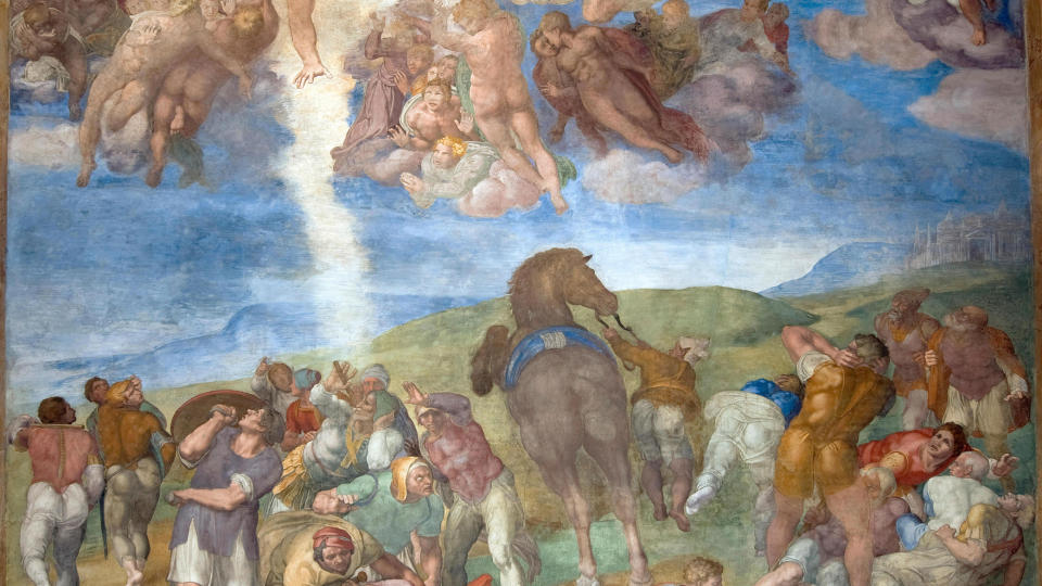 HANDLEKRAFTIG SKAPER: Den patriarkalske Gud i paradiset er bare �n av David Eaglemans mange varianter av hva som venter oss. Maleriet viser Paulus' omvendelse av Michelangelo i Cappella Paolina. Foto: SCANPIX