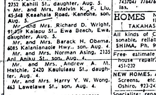 ANNONSEN: Dette bildet er tatt av lokalavisa Honolulu Advertiser, og viser f�dselsannonsa Barack Obamas foreldre satte inn 13. august 1961. Obamas annonse er i kan sees midt i den venstre raden. Foto: AP Photo/The Honolulu Advertiser