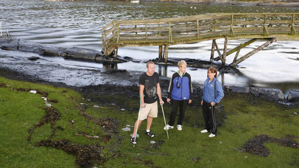 �DELEGGELSER: J�rn Nilsen (t.v.), Aud Eklund og Joachim Andersen kan konstatere at badestranda deres er �delagt av olje. Foto: Per Fl�the
