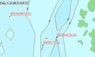  SISTE OBSERVASJON 05.14:  Redningsselskapets observasjon det elektroniske kartsystemet AIS (her et utsnitt klokka 03.50 UTC - 05.50 norsk tid) viser at signalene fra MV Langeland forsvant 36 minutter tidligere - klopkka 05.14 norsk tid. Kart: AIS-kart/REDNINGSSELSKAPET.