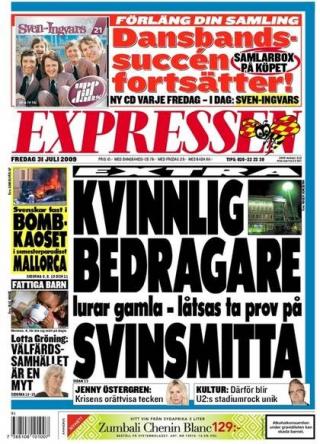 OPPSLAG: Expressens hovedoppslag i dag handlet om den nye kriminelle ligaen som lurer eldre med lovnader om vaksine mot svineinfluensa. Foto: Faksime