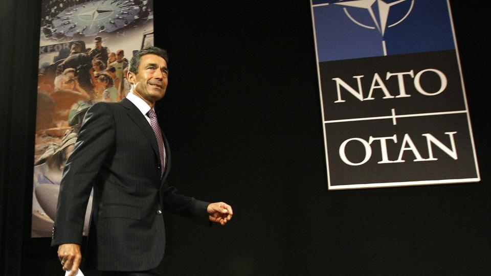 F�RSTE DAG P� JOBBEN: Den tidligere danske statsministeren Anders Fogh Rasmussen holdt i dag sin f�rste tale som Natos generalsekret�r. Foto: Yves Herman/Scanpix/Reuters