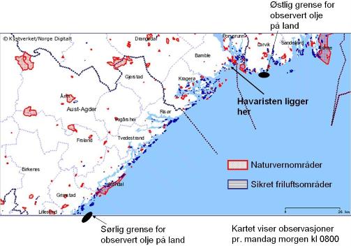 KART OVER TILGRISINGA: If�lge Kystverket er det registrert oljep�slag p� land s� langt s�r som Grimstad. �stover n�r olja til Larviksfjorden. Illustrasjon: KYSTVERKET