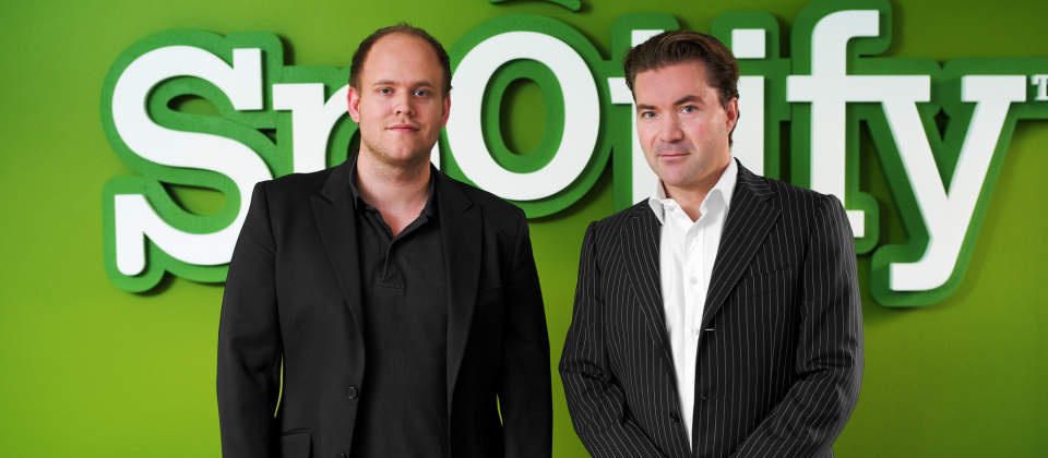 GRUNNLEGGERNE: Kan musikktjenesten Spotify skaffe penger til grunnfjellet av artister og opphavsmenn, og ikke bare til en liten h�ndfull giganter i platebransjen samt grunnleggerne Daniel Ek og Martin Lorentzon og de andre aksjon�rene? Foto: SPOTIFY