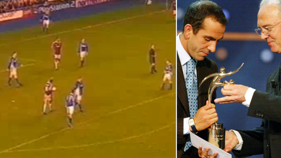 SPORTSLIG ITALIENER: Paolo Di Canio stoppet spillet med hendene da Everton-keeper Paul Gerrard l� nede. Senere fikk han Fair Play-prisen for opptredenen. Foto: Youtube / AP.