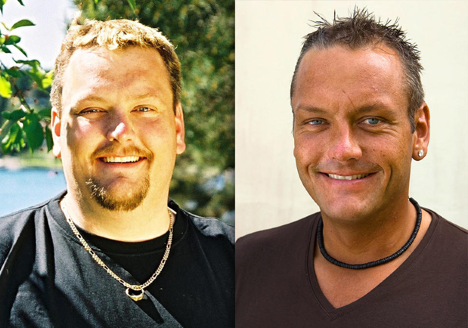 F�R OG N�: Til venstre Espen Aalberg p� Tjukkholmen i 2004. Til h�yre Espen p� Robinson i 2009. Foto: TVNORGE/TV 3
