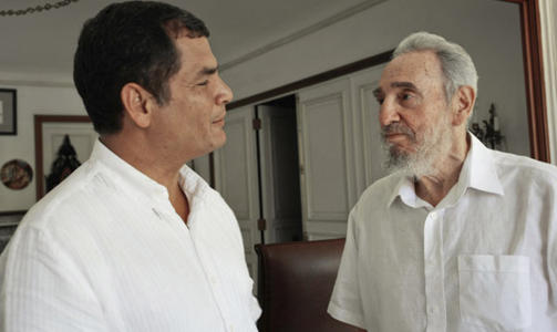 UTE AV JOGGEDRESSEN: Fidel Castro (til venstre) var tilsynelatende i god form Ecuadors president Rafael Correa bes�kte Havana. Foto: AP Photo/Juventud Rebelde