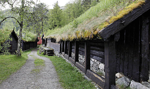 LANGHUS:Dette er fra to g�rder som har bygd husene sine sammen. Ogs� kalt klyngetun eller rekketun. Med fj�s i ene enden og �restue med ildsted p� golvet og hull i taket. Et typisk vestlands langhus fra 1500 tallet