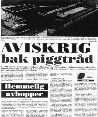 MER ENN 1000 ARRESTERT: I l�pet av avisstriden varte i Storbritannia ble 400 s�ret. VG omtalte krigen i februar 1986. Faksimile: VG
