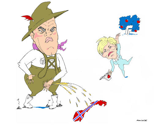 VINNER: EDLE DR�PER: - Stein Erik Hagen pisser p� Norge, men Fremskrittspartiet vokser godt p� hans edlere dr�per, mener tegner Marie Laland Ekeli.