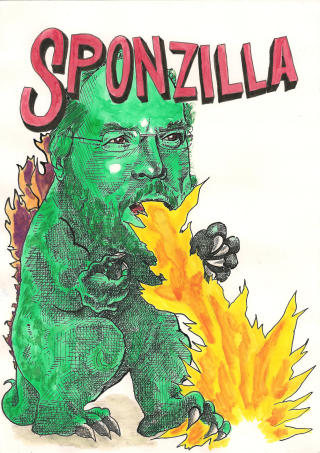 SPONZILLA: Lars Sponheim har lovt og b�de styrte en Frp og en R�dgr�nn regjering om de ikke f�r flertall, skrekk�glen Sponzilla vil knuse alle selv om han i realiteten kun er en liten firfisle, skriver Arvid Skimmeland.