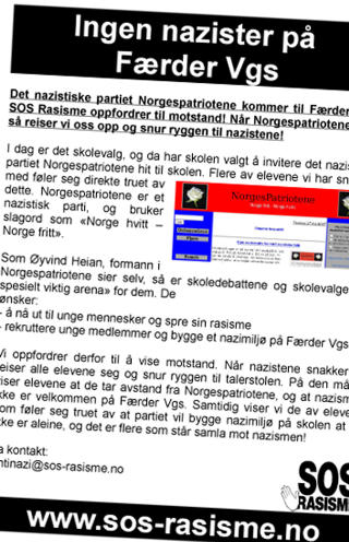 L�PESEDDEL: Dette er oppfordringen SOS Rasisme delte ut blant elevene p� F�rder VGS i forkant av debatten. Faksismile: SOS RASISME