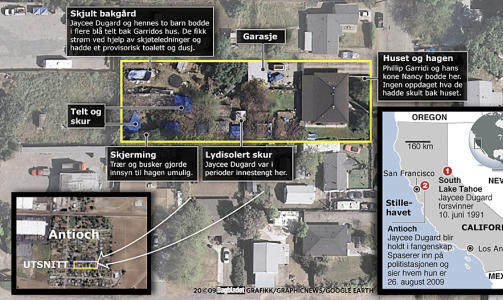 SKREKKENS BAKG�RD: I denne bakg�rden skal Jaycee Dugard og hennes to barn ha blitt holdt. Foto: KJELL E. BERG/GRAPHICNEWS/GOOGLEEARTH