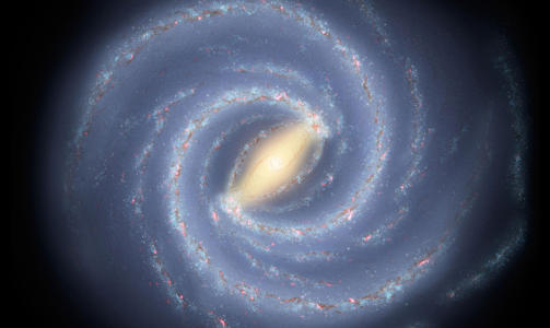 MELKEVEIEN: V�r egen galakse, Melkeveien, ser trolig ut som dette. Jorda befinner seg godt ut i en av spiralarmene, og hele galaksen er om lag 100 000 lys�r i diameter. Illustrasjon: AFP PHOTO/NASA/JPL-CALTECH/Scanpix