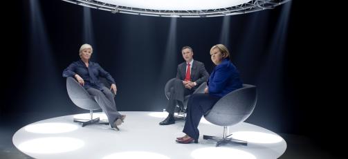 DEBATT: Siv Jensen, Jens Stoltenberg og Erna Solberg diskuterte p� TV2 i kveld. FOTO: Espen R�st