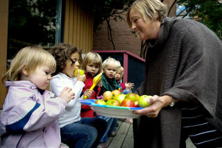 FRISTELSE: Monika Englund frister barna (f.v.) Anna Storstein (4), Sara Tukun (4), Nora Storstein (4) og Ask Vargum Henriksen (2) med selvplukkede epler. Spisegleden er like stor som om det var et fat med snop. Foto: Bj�rn Langsem