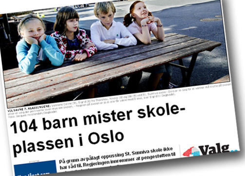 VIL SAVNE 7. KLASSINGENE: Vennene Celine (9), Sigrid (8), Nikolai (8) og Ida (9) ved St. Sunniva skole i Oslo er lei seg for at venner m� slutte p� skolen etter en valgkamp der politikerne lover mye om skolen. - Regelen p� skolen er jo at alle f�r v�re med � leke, sier Sigrid til Dagbladet.
Foto: Jacques Hvistendahl/Dagbladet