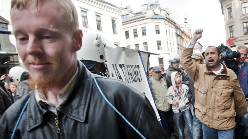 OMSTRIDT: NorgesPatriotenes leder �yvind Heian m�tte h�re mange ukvemsord da han arrangerte en motdemostrasjon til en markering mot muslimhets p� Gr�nland i Oslo i mai. Foto: KYRRE LIEN/SCANPIX