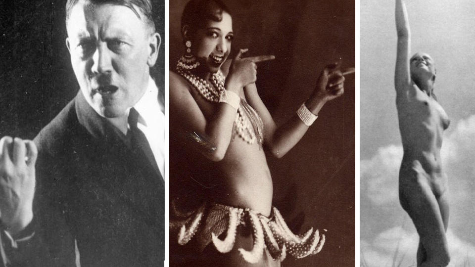 PRINSIPPL�ST OG AMBIVALENT: Hitlers forhold til sex og ekteskap varierte mye. Han p�b�d b�de at man skulle gifte seg kun av lykke, og dessuten bare for � videref�re arten. Nakenhet var lov, det ble arranget store fester (til h�yre) med nakne nasjonalsosialister som viste fram sine idealkropper. Men nakne Josephine Baker (i midten) var b�de obsk�n og ut�lelig.