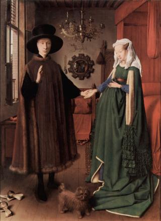 EKTESKAP I 1434: Jan van Eycks ber�mte dobbeltportrett Arnolfinis bryllup. Kunstneren fikk trolig oppdraget � male dette bildet av den italienske kj�pmannen Giovanni Arnolfini og hans unge brud Jeanne de Chenany. Foto: WIKIMEDIA