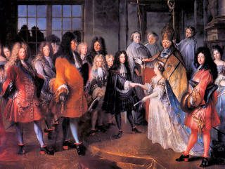 EN FORRETNINGSMESSIG UNION: I  europeiske kongefamlier har det ikke v�rt vanlig for enkeltpersoner � velge og vrake. Dette er det arrangerte ekteskapet mellom Ludvig den 14. og Maria Theresa av Spania. Foto: WIKIMEDIA