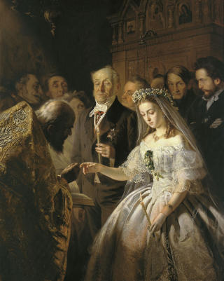 STOR ALDERSFORSKJELL: Lite i dette maleriet tyder p� at jenta har valgt ektemann selv. Det er malt i 1862, en tid da kritikken mot aristokratiets arrangerte ekteskap kom for fullt. Foto: WIKIMEDIA