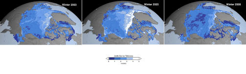 KRYMPER OGS� OM VINTEREN: NASAs ICEsat-satellitt, som ogs� m�ler tykkelse, viser nedgang i arealet vinteris p� Arktis i �rene 2003 til 2008. Isen ble dramatisk tynnere i denne perioden, og for f�rste gang i historien ble det p�vist at tynn sesongis erstattet tykk, gammel is som den dominante typen. Foto: Scanpix/AFP PHOTO/HO/NASA