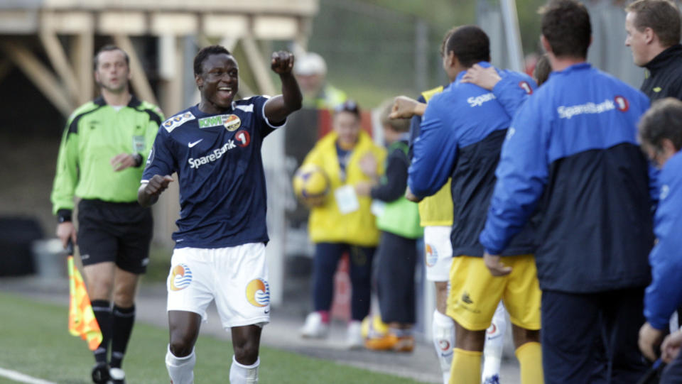 SLO TILBAKE: Mohammed Keita scoret to av m�lene da Godset ga Fredrikstad juling i den viktige bunnkampen. Foto: Terje Bendiksby / Scanpix