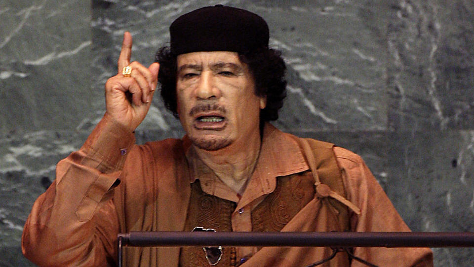 RASTE: Libyas leder Moammar Gadhafi. Foto: Rick Gershon/Getty Images/AFP