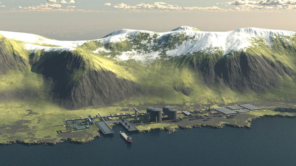  OLJE I ARKTIS: Slik ser Bellona for seg at et landanlegg kan bli seende ut p� Jan Mayen. Her er Sn�hvit-anlegget manipulert inn. Illustrasjon: Bellona.