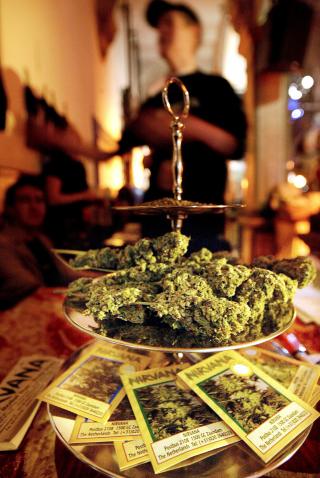 SKAL TJENE GODT P� SALGET: If�lge forslaget som skal opp til behandling vil inntektene til byen bli anseelige. Bildet er fra et mariuhana-utsalg i Amsterdam. Foto: AFP